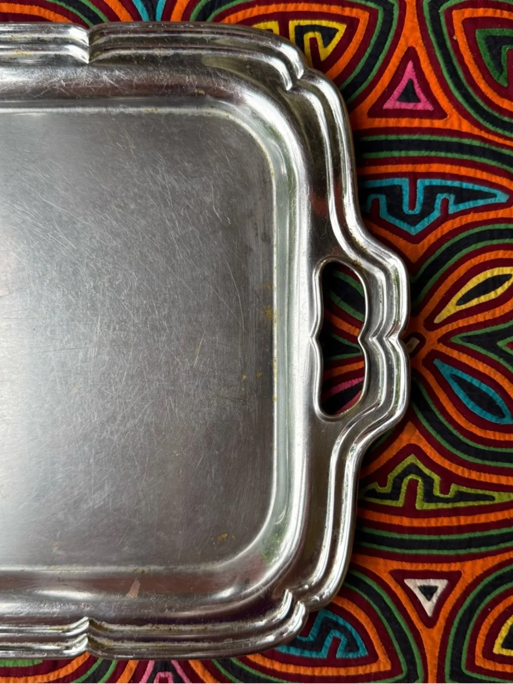Vintage Silver Tone‎ Metal Serving Tray Ornate Handles Rectangle Vanity Tray
